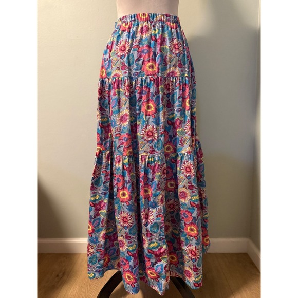 MELLODAY Tiered Maxi Skirt Floral Blue Pink Yellow Flowy Y2K M boho fairy whimsi - Picture 2 of 5